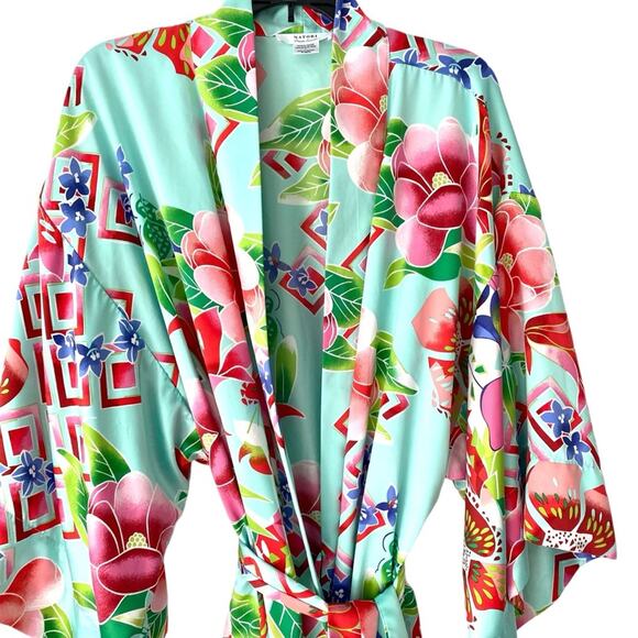 Natori Star Blossom Belted Robe Private Luxuries Size large Blue Pink - Picture 3 of 10